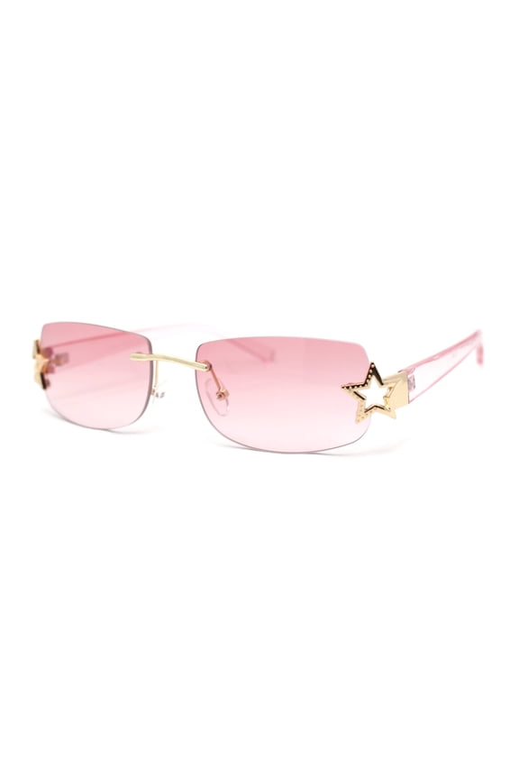 Womens Rhinestone Star Jewel Rimless Designer Sunglasses Gold Pink - Pink