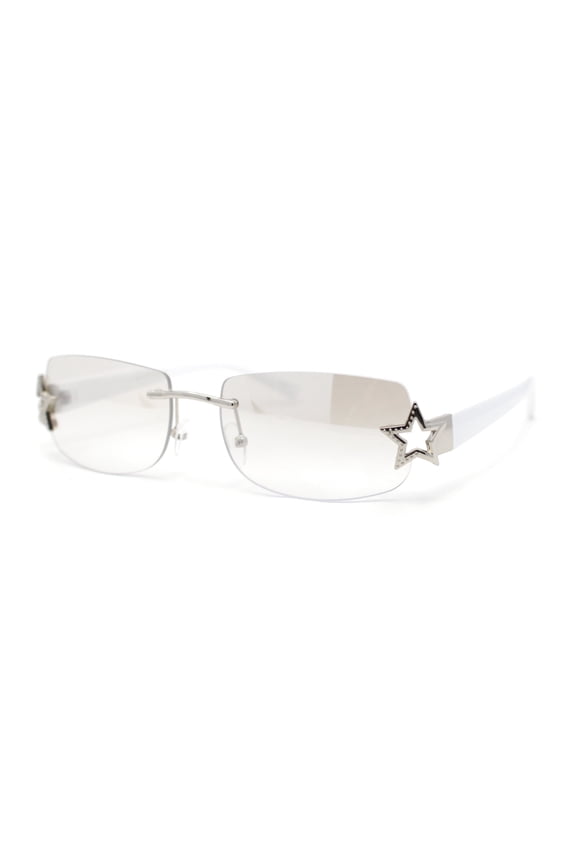 Womens Rhinestone Star Jewel Rimless Designer Sunglasses Silver White - Clear