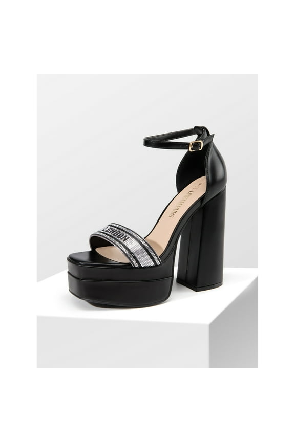 Womens Rhinestone Strap London Platform Chunky Heel Pumps With Ankle Strap