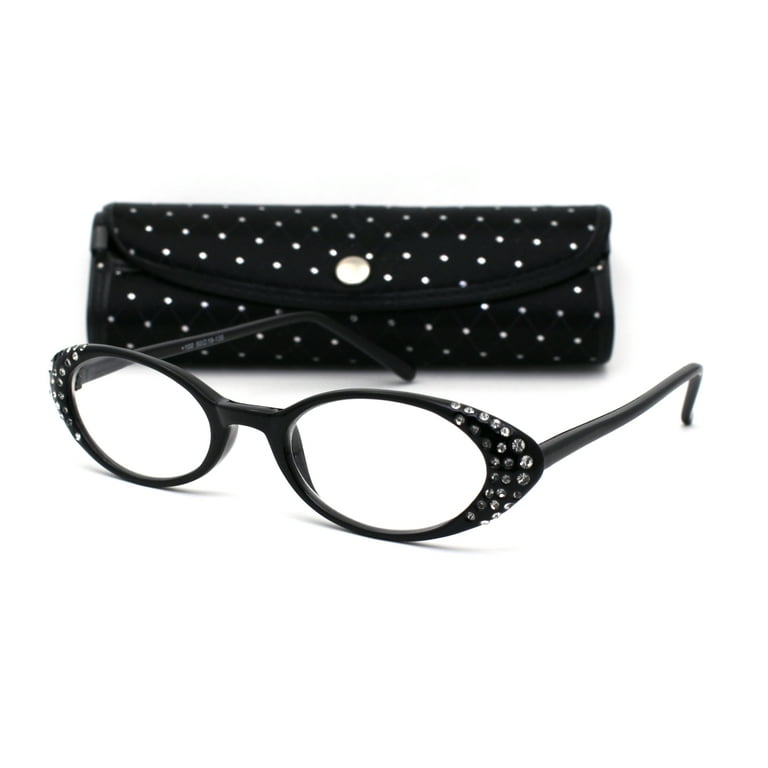 Womens Rhinestone Studded Oval Cat Eye Reading Glasses with Hard