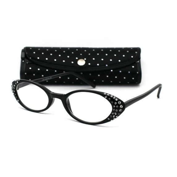 Womens Rhinestone Studded Oval Cat Eye Reading Glasses with Hard Case Black +2.0