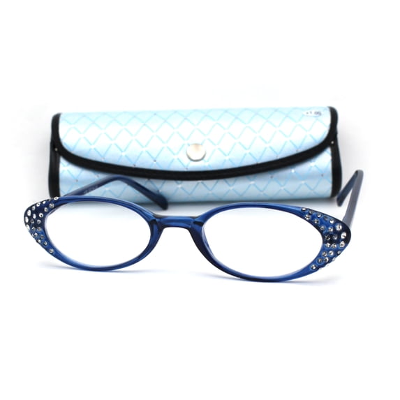 Womens Rhinestone Studded Oval Cat Eye Reading Glasses with Hard Case Blue +2.25