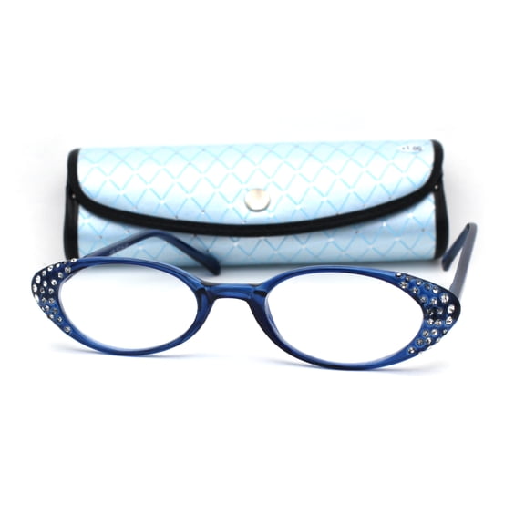 Womens Rhinestone Studded Oval Cat Eye Reading Glasses with Hard Case Blue +2.5