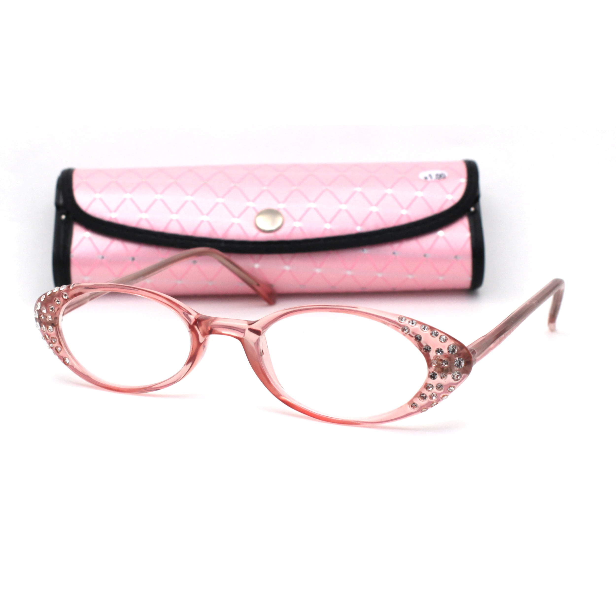 Womens Rhinestone Studded Oval Cat Eye Reading Glasses with Hard Case Pink 1.25