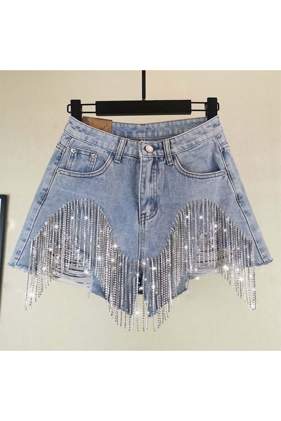 Womens Rhinestone Tassel Jean Denim Shorts Ripped High Waist Jean Shorts (Blue XXXXXXXS)