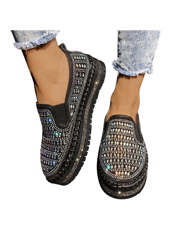 Womens Rhinestone Thick Sole Loafers Glitter Fashion Slip-On Sparkle Bling Sequin Sneakers Casual Walking Flat Shoes Black 5.5
