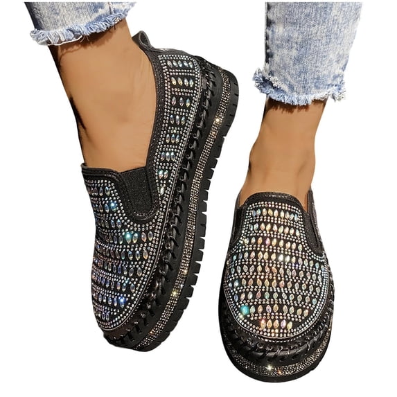 Womens Rhinestone Thick Sole Loafers Glitter Fashion Slip-On Sparkle Bling Sequin Sneakers Casual Walking Flat Shoes Black 8.5