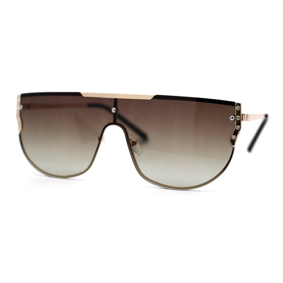 Womens Rhinestone Trim Flat Top Exposed Lens Metal Sunglasses Gold Brown Green