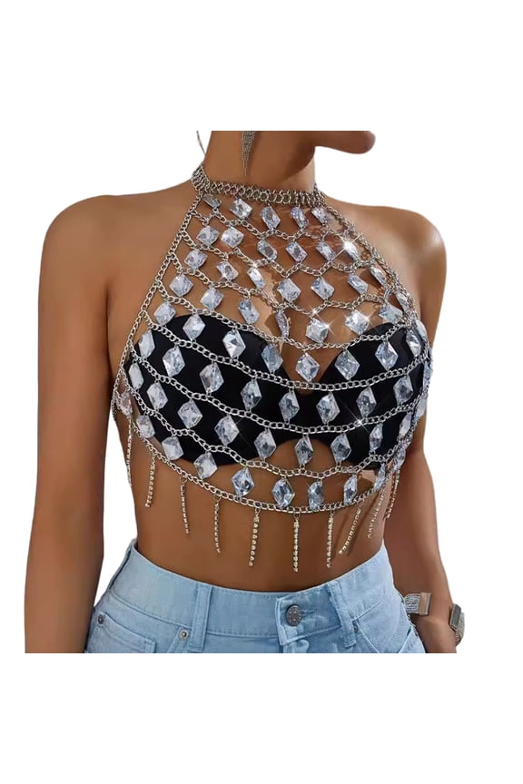 Womens Rhinestones Body Jewelry Tassels Chest Chain Layered Acrylic Crystal Halterneck Crop Top Backless Camisole Vest