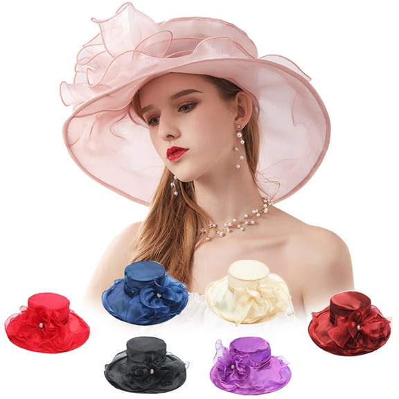 Womens Rhinestones Buckle Hat - Flower Temperament Hat - Wide Brim Church Hat Dress Fascinator Bridal Organza Tea Party Wedding Hat