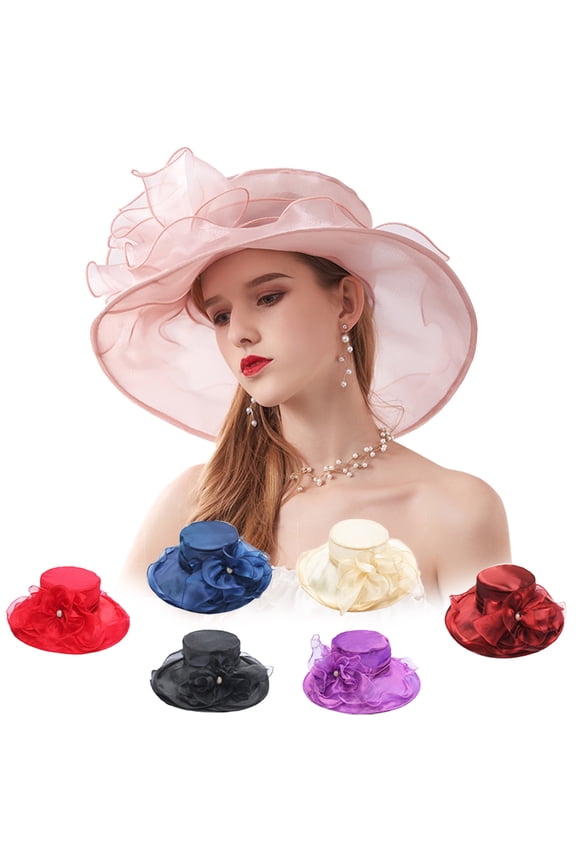 Womens Rhinestones Buckle Hat - Flower Temperament Hat - Wide Brim Church Hat Dress Fascinator Bridal Organza Tea Party Wedding Hat