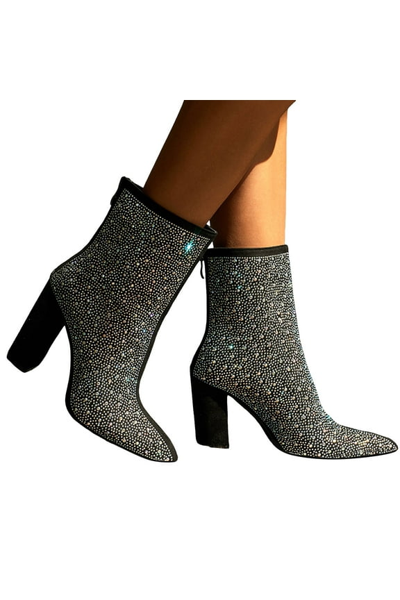 Womens Rhinestones Cowboy Boots Glitter Chunky Heels Sparkly Wide Mid Calf Cowgirl Ankle Booties Bridal Wedding