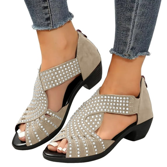 Womens Rhinestones Gladiator Dress Sandals Vintage Glitter Peep Toe Chunky Mid Heel Back Zipper Summer Shoes