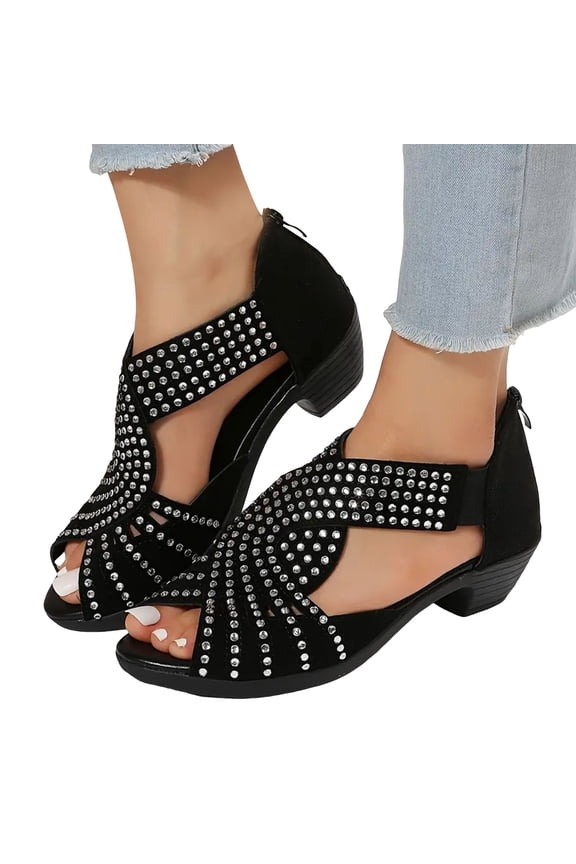 Womens Rhinestones Gladiator Dress Sandals Vintage Glitter Peep Toe Chunky Mid Heel Back Zipper Summer Shoes