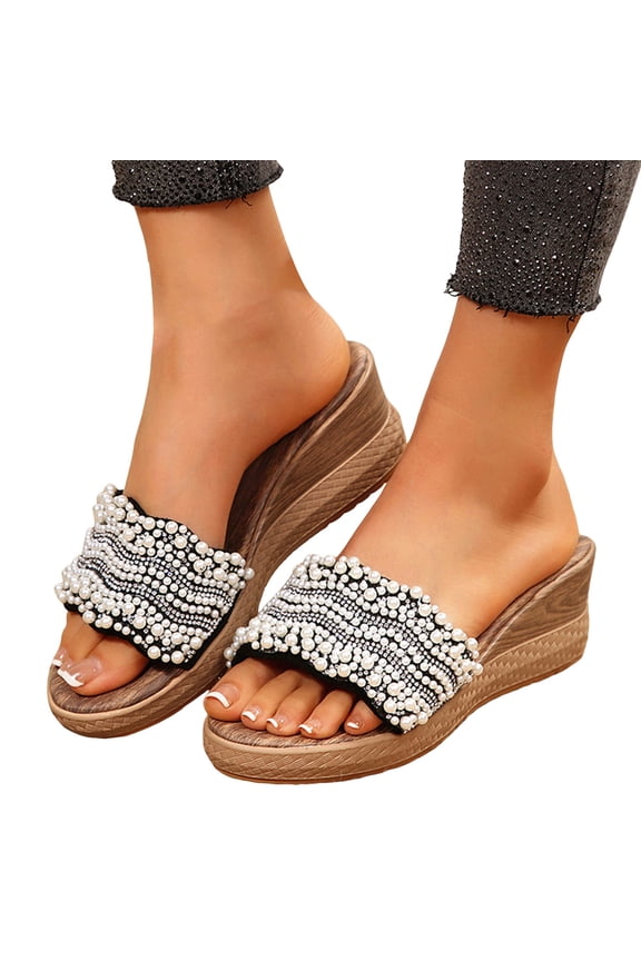 Womens Rhinestones Pearl Dress Sandals Sparkly Bridal Wedding Platform Wedge Wooden Footbed Beach Slip on