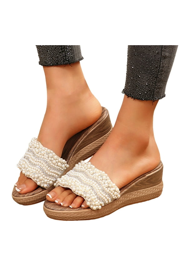 Womens Rhinestones Pearl Dress Sandals Sparkly Bridal Wedding Platform Wedge Wooden Footbed Beach Slip on