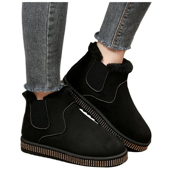 Womens Rhinestones Snow Boots Fashion Winter Warm Fleece Lined Suede Glitter Platform Chelsea Ankle Booties Black Size 8