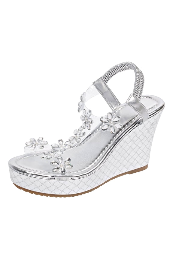 Womens Rhinestones Wedge Sandals Sparkly Floral Dressy Shoes Elastic Ankle Strap Open Toe Platform Sandals Silver Size 7.5
