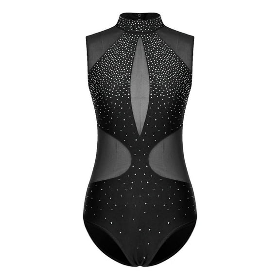 Womens Rhythmic Gymnastics Jumpsuit Figure Skating Leotard Sheer Mesh Splice Sleeveless Ballet Bodysuit