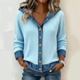 thumbnail image 1 of Womens Rib Knit Denim Patchwork Hooded Cardigan Sweater with Pockets | 90s Retro Style, Denim Spliced, Button Down Closure, Drop Shoulder, Loose Cozy Jackets for Winter Fall Casual Or Outing Wear, 1 of 6