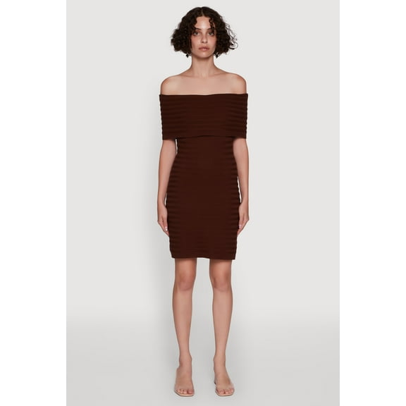 Womens Rib Knit Fold Over Off the Shoulder Mini Dress