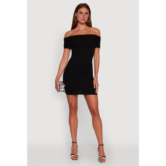 Womens Rib Knit Fold Over Off the Shoulder Mini Dress