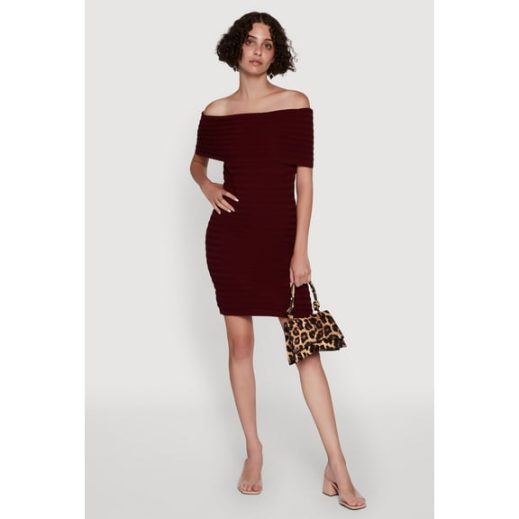 Womens Rib Knit Fold Over Off the Shoulder Mini Dress