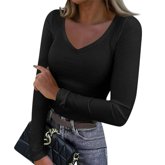 Womens Rib Knit Long Sleeve Stretch V Neck Ribbed T-Shirt Fitted Casual Basic Jumper Tops