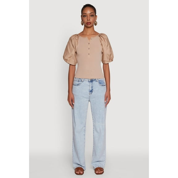 Womens Rib Knit Puff Sleeve Henley Top