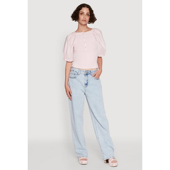 Womens Rib Knit Puff Sleeve Henley Top