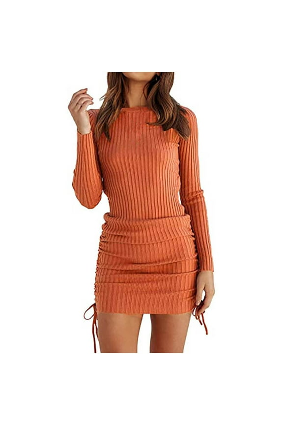 Womens Rib Knit Pullover Sweater Dress Long Sleeve Crewneck Solid Color Mini Bodycon Dress with Drawstring