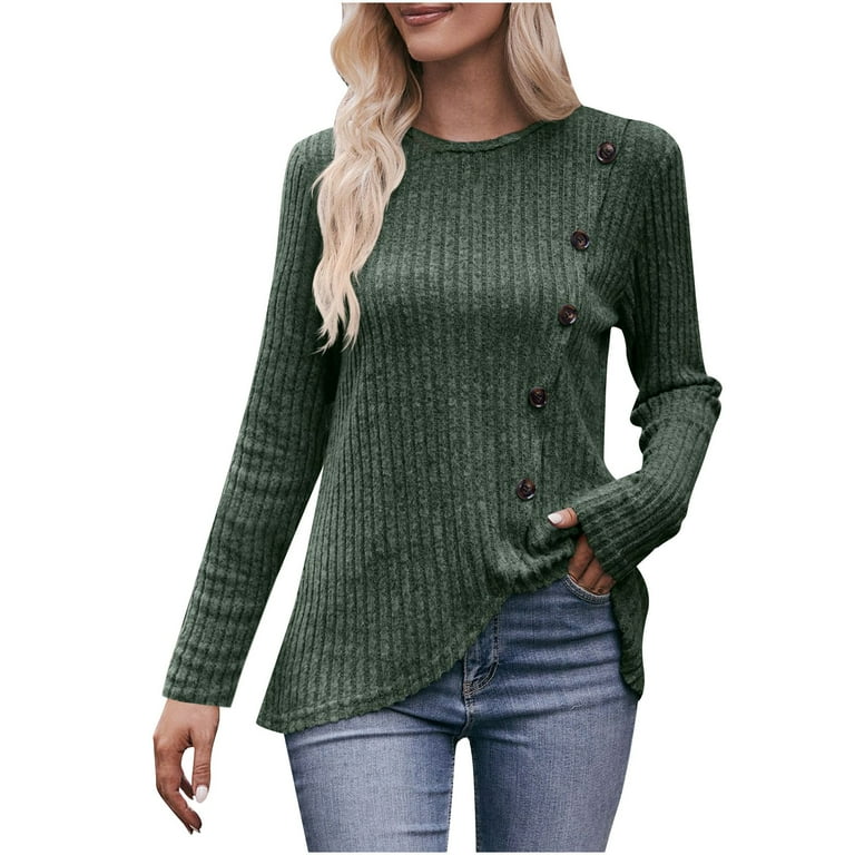Womens Rib Knit Pullover Top Button Up Split Fall Winter Casual 