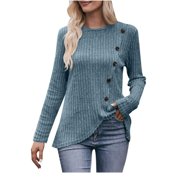 Womens Rib Knit Pullover Top Button Up Split Fall Winter Casual Long Sleeve Tunic Shirt Plain Sweatshirt Sweater (XX-Large, Blue)