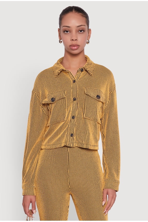 Womens Rib Knit Shadow Stripe Button Front Cropped Shirt