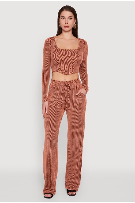 Womens Rib Knit Shadow Stripe Straight Leg Pants