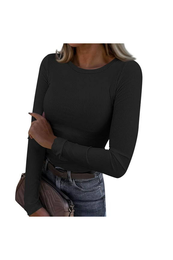 Womens Rib Knit Tunic Tops Plus Size Crew Neck Ribbed Long Sleeve Shirts for Women Slim Fit Ladies Casual Pullover Tops