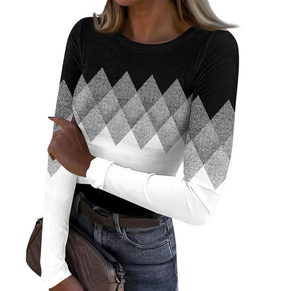 Womens Rib Knit Tunic Tops Plus Size Ribbed Long Sleeve Shirts Floral Print Slim Fit Ladies Pullover Tee