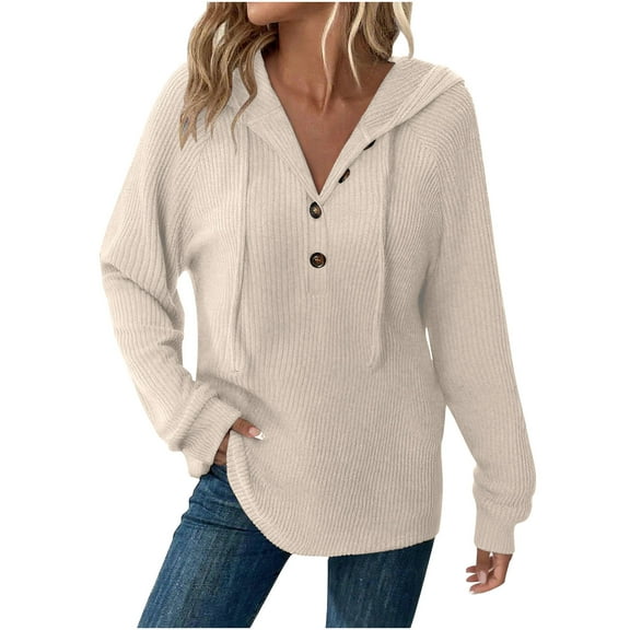 Womens Rib Knitted Hoodies Trendy V-Neck Hooded Sweatshirts with Button Casual Solid Long Sleeve Pullover Top Loose Tunic Drawstring Sweater Fall Outfits