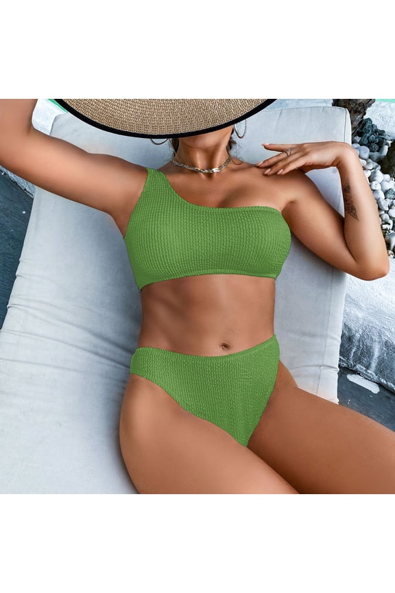 Womens Ribbed Bikini Set Solid One Shoulder Two Piece Push up Swimwear Swimsuit Summer High Waisted Beachwear Ladies Swimsuits for Older Women Green L