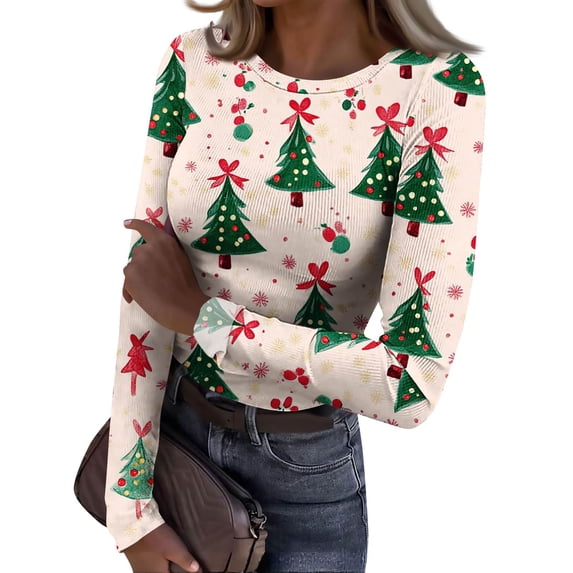 Womens Ribbed Christmas Shirts Long Sleeve Stretch Christmas Print Fitted Holiday Casual Tee Tops