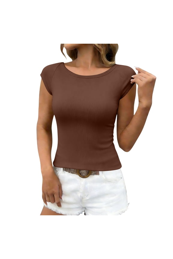Womens Ribbed Crop Top Mock Neck Cap Sleeve Shirt with Raw Seam Super Soft Stretchy Going Out Tops Coffee