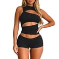thumbnail image 1 of Womens Ribbed Cutout Tank Top and Shorts Set, Solid Color Slim Fit 2-Piece Outfit, Hollow Out Streetwear Matching Set for Casual Summer Party, 1 of 5