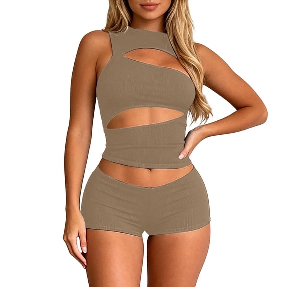 Womens Ribbed Cutout Tank Top and Shorts Set, Solid Color Slim Fit 2-Piece Outfit, Hollow Out Streetwear Matching Set for Casual Summer Party