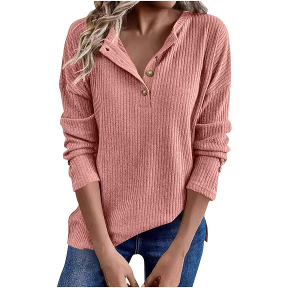 Womens Ribbed Fall Clothes, Long Sleeve Pullover for Women Fashion Loose Fit Solid Color Button Up Crewneck Sweaters