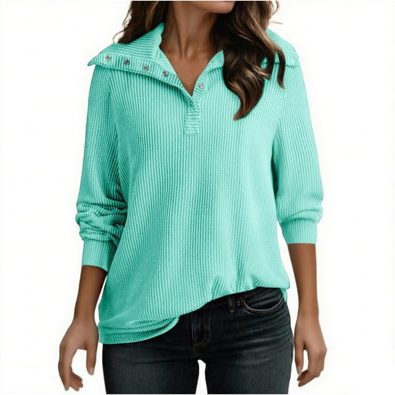 Womens Ribbed Fall Clothes, Long Sleeve Pullover for Women Fashion Loose Fit Solid Color Lapel Button Up Sweatshirts