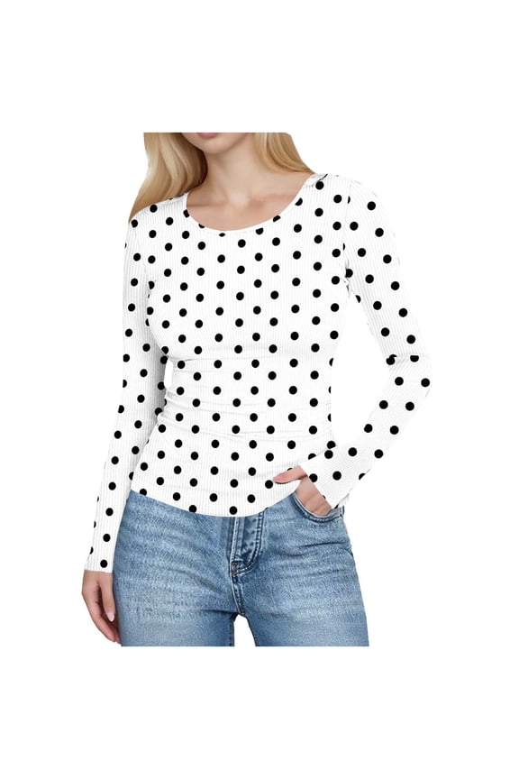 Womens Ribbed Fall Clothes, Long Sleeve Shirts for Women Fashion Slimming Fit Polka Dots Printed Crewneck T-Shirts Basic Tops