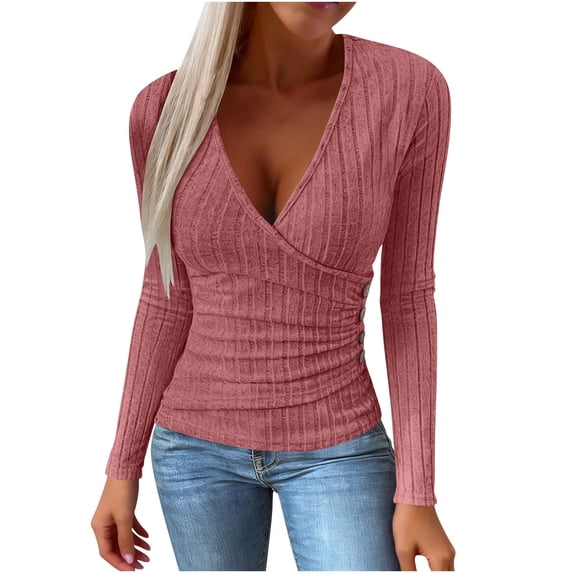 Womens Ribbed Fall Clothes, Long Sleeve Shirts for Women Fashion Slimming Fit Solid Color Crisscross V Neck Pullover with Button Up