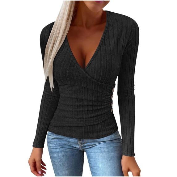 Womens Ribbed Fall Clothes, Long Sleeve Shirts for Women Fashion Slimming Fit Solid Color Crisscross V Neck Pullover with Button Up