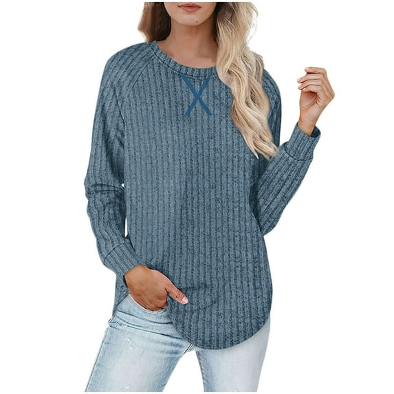 Womens Ribbed Fall Sweaters, Long Sleeve Pullover for Women Casual Vintage Solid Color Loose Fit Crewneck Sweatshirts S-XL