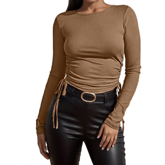Womens Ribbed Fitted Crop Tops Long Sleeve T Shirts Basic Scoop Neck Casual Slim Fitted Y2k Clothes
